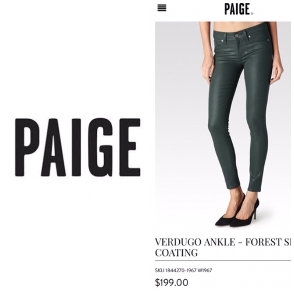 NWT Paige Verdugo Ankle Forest Green Coated Skinny Jeans Size 29